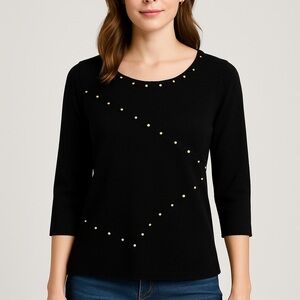 By Design Black Sweater Top Petite Large Gold Studded Embellished 3/4 Sleeve